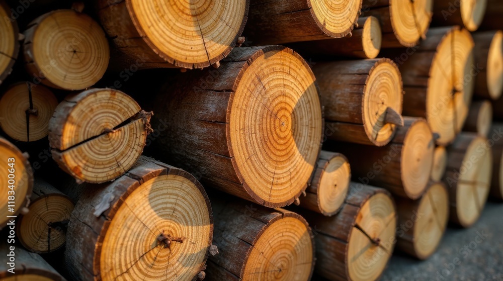 Poster close-up view of a stack of neatly arranged, sunlit wood logs, showcasing the intricate concentric r