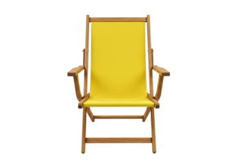 Foldable wooden beach chair with a bright yellow fabric seat, isolated on white background