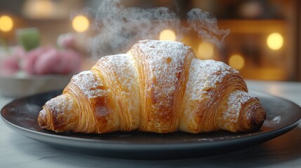 Steaming croissant on plate, kitchen background, dessert