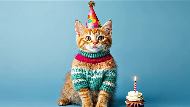 Cute Kitten in Party Hat with Cupcake Celebrating Birthday Party