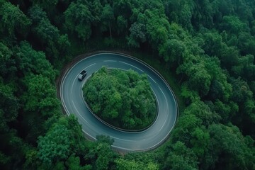 Car driving circular forest road, aerial view