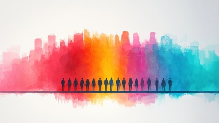 Fototapeta premium A vibrant, artistic silhouette of people against a colorful city skyline background, symbolizing unity and diversity.