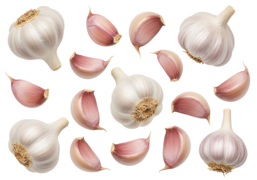 A collection of whole garlic bulbs and individual garlic cloves in varying orientations, isolated on white background, top view