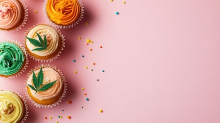 Colorful cupcakes adorned with cannabis leaves, showcasing a fun and lively dessert experience.