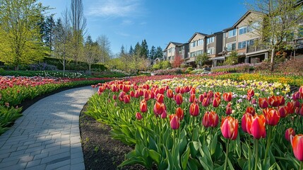 Fototapeta premium Wide-angle view of tulip garden pathways lined with colorful flowers, no people, ample copy space for design