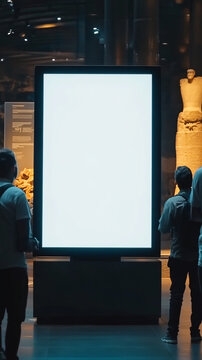 Interactive digital screen mockup museum illuminate display crowd observing educational exhibit branding presentation immersive learning storytelling visual white blank canvas frame border advertising