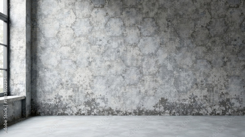 Poster empty industrial room with hexagonal textured wall and window