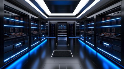 Obraz premium Futuristic representation of energy efficiency in computing, with glowing processors and sustainable power systems seamlessly integrated into smart environments