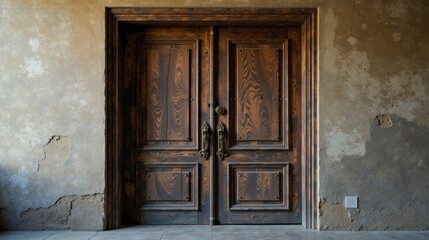 Rustic Double Wooden Doors Set Against a Weathered Wall