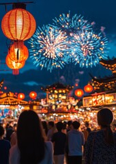 Obraz premium Vibrant Night Festival Fireworks Light Up Traditional Market
