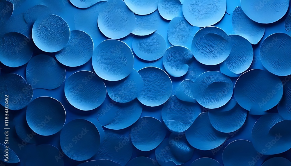 Poster overlapping blue circles with raised centers form a textured, scale-like pattern.