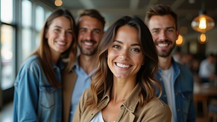 Fototapeta premium Woman posing with respected industry leader she has just partnered with Smiling diverse team celebrating a project success