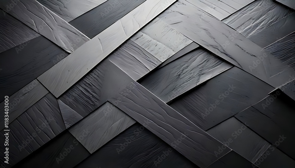 Poster overlapping, textured rectangles form an intricate, dynamic, three-dimensional, dark pattern.