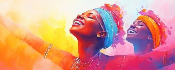 Fototapeta premium Two joyful women in vibrant attire embrace color and happiness, celebrating life with arms outstretched against a bright, colorful background.
