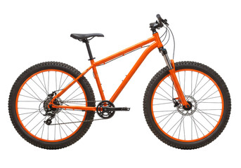 A bright orange mountain bike with thick tires and a lightweight frame, isolated on a white background