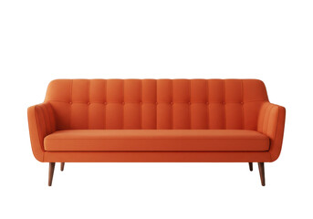 A bold, orange mid-century modern sofa with a tufted backrest and smooth upholstery, isolated on a white background