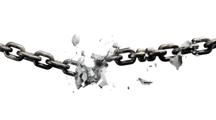 A broken chain with one link breaking apart, symbolizing freedom, liberation, or breaking free from restrictions in a minimalist and conceptual composition	