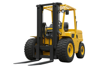 A yellow industrial forklift with a robust build and black tires, isolated on a white background