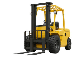 A yellow industrial forklift with a robust build and black tires, isolated on a white background