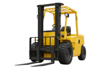 A yellow industrial forklift with a robust build and black tires, isolated on a white background
