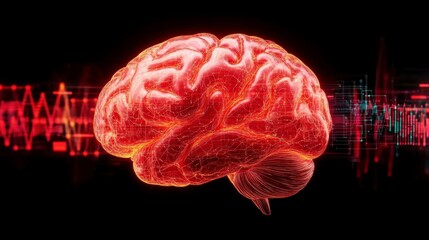 Fototapeta premium Illustration of a glowing neural brain at the core of an AI chatbot interface, surrounded by vibrant data patterns and digital communication elements