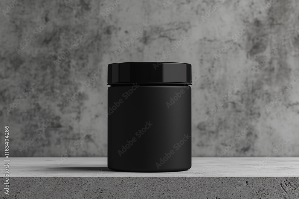 Poster black jar sits on a concrete countertop. the jar is empty and has a black lid. the jar is placed on 