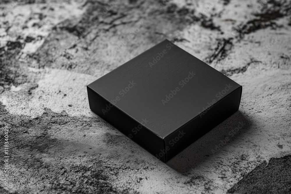Poster black box sits on a grey surface. the box is empty and has a smooth surface. the grey surface is mad