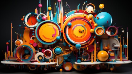 Obraz premium Vibrant Abstract 3D Composition of Interlocking Circles, Spheres, and Geometric Shapes in a Symphony of Colors