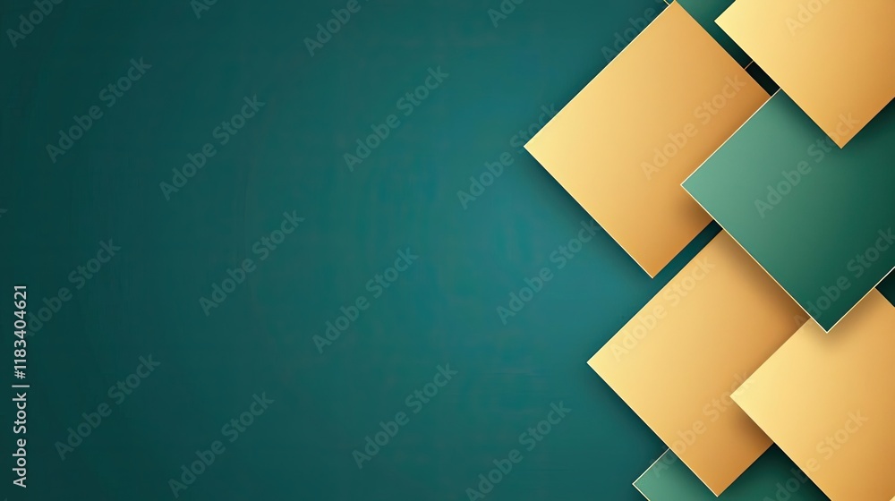 Poster matrix abstract background concept. abstract geometric shapes in gold and green on a smooth teal bac