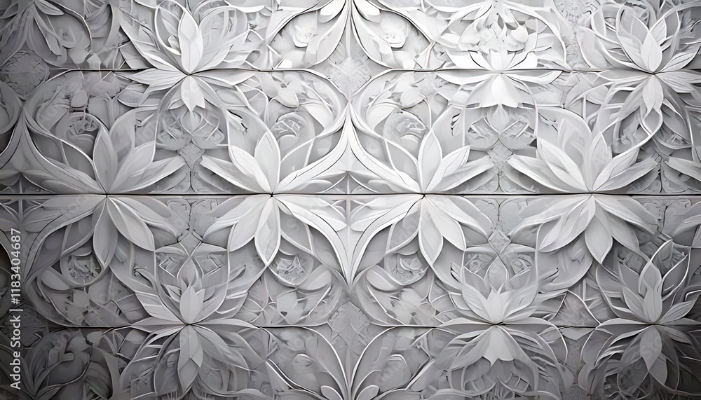 Poster repeating white relief with stylized lotus flowers and intricate patterns in a grid.