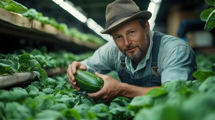 Farmer holding zucchini, indoor farm, green produce, confident portrait, healthy food
