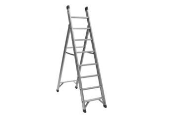 Silver metal ladder, isolated on white background, front angled view, no depth of field, sharp.