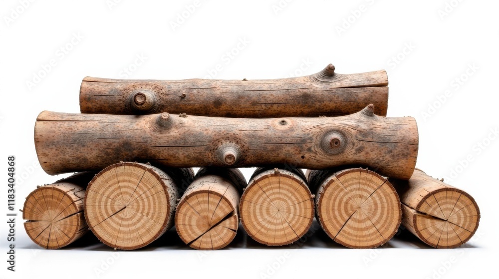 Poster Stack of Rustic Logs Isolated on White Background