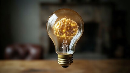 Creative design featuring a glowing light bulb containing a detailed brain, with neural connections radiating outward to symbolize intellectual and creative sparks