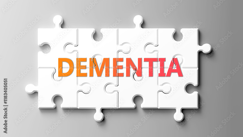 Aufkleber dementia complex like a puzzle - pictured as word dementia on a puzzle pieces to show that dementia 