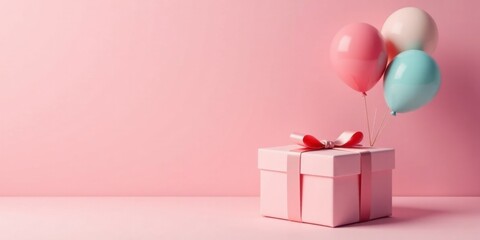 Pink Present with Pastel Balloons on a Pink Background
