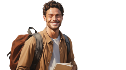 A happy young man wearing casual clothing and carrying a backpack, smiling confidently, representing travel, adventure, or lifestyle in a relatable portrait	