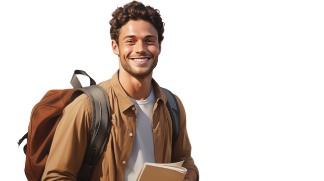 A happy young man wearing casual clothing and carrying a backpack, smiling confidently, representing travel, adventure, or lifestyle in a relatable portrait	