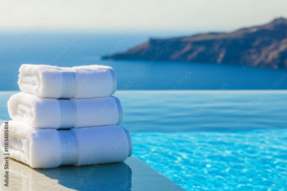 Poster three white towels are stacked on top of each other on a ledge next to a pool. the towels are neatly