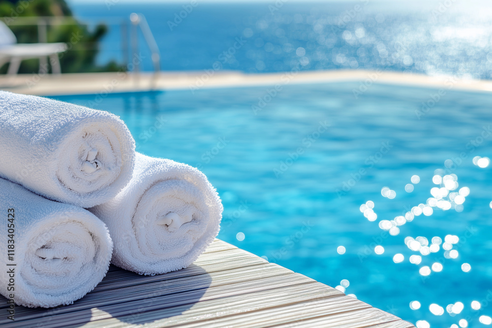 Aufkleber three white towels are stacked on a wooden deck next to a pool. the towels are neatly folded and arr