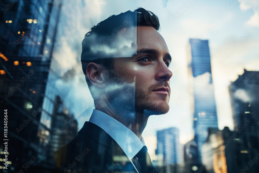 Poster man in a suit is looking out of a window at the city. the image is a reflection of the man's face in
