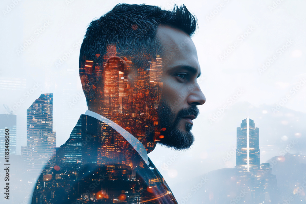 Poster man in a suit is standing in front of a city skyline. the image is a collage of the man's face and t