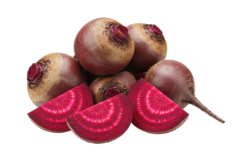 Fresh beetroot, whole and halved, with vivid red inner rings, isolated on white background