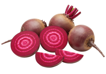 Fresh beetroot, whole and halved, with vivid red inner rings, isolated on white background