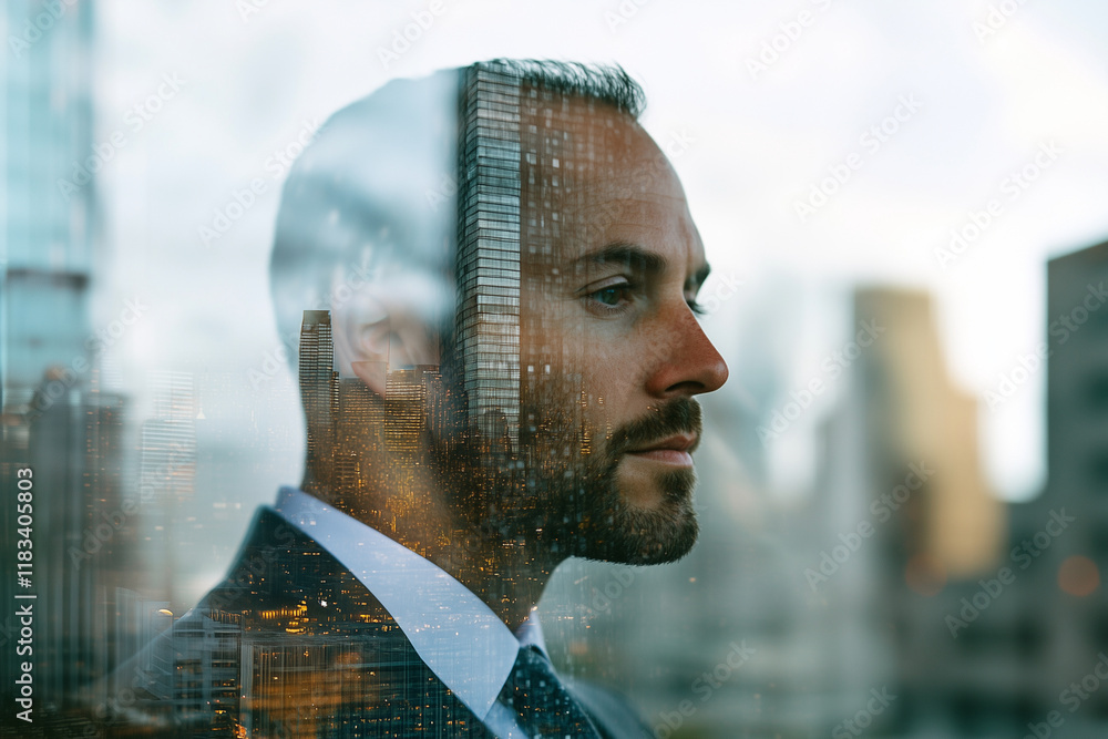 Poster man in a suit is looking out a window at the city. the reflection of the city in the window creates 