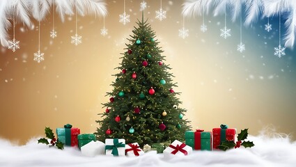 Obraz premium Snow-Covered Christmas Tree with Colorful Ornaments and Gift Boxes in a Winter Wonderland