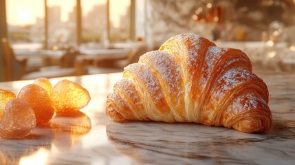 Delicious croissant, city sunrise, cafe, marble table