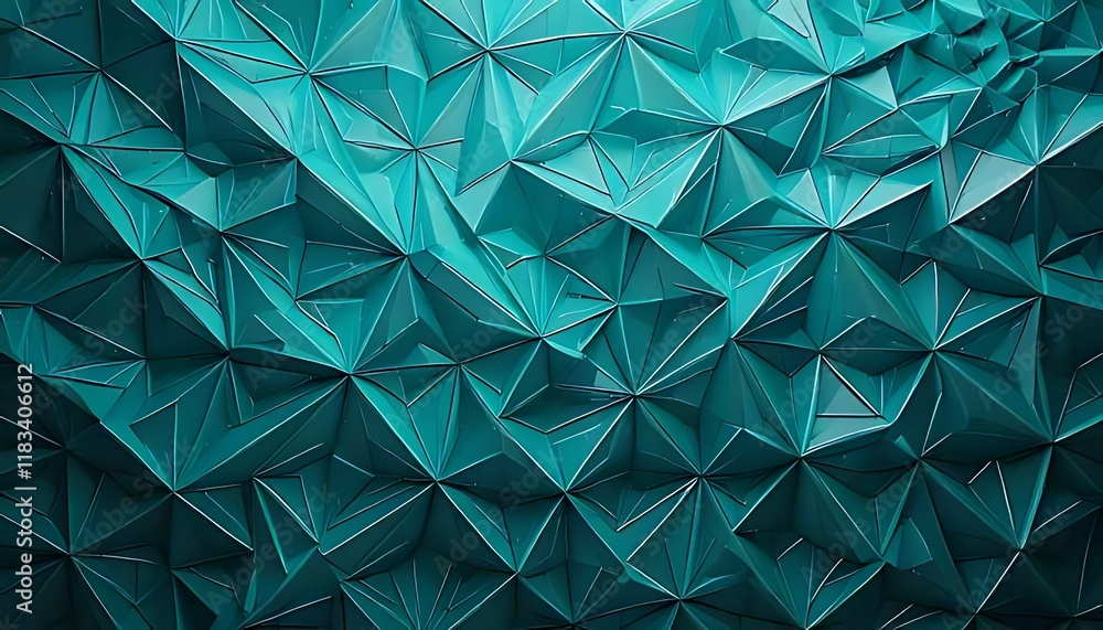 Poster teal triangular facets form a textured, 3d geometric pattern resembling a crystal.