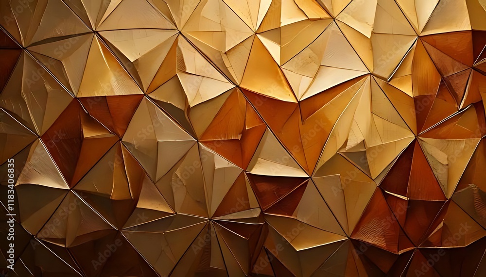 Poster textured golden triangles form a repeating 3d geometric pattern.