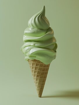 Realistic pistachio ice cream in waffle cone. 3d, vector. Swirl in a waffle cone. Fast food restaurant, frozen dessert.